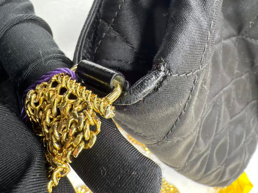 Chanel Vintage Black Fabric Flap Bag with Woven Gold Chain Strap