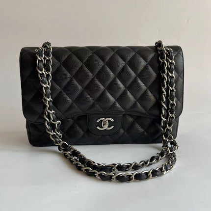 Chanel Classic Flap Jumbo Black Caviar Leather Double Flap Silver Hardware 2011-Luxbags
