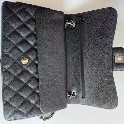Chanel Classic Flap Jumbo Black Caviar Leather Double Flap Silver Hardware 2011