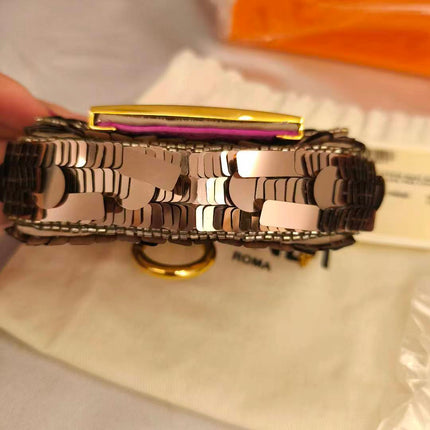 Fendi Nano Baguette Charm Pink Sequins Satin Interior Chain Strap
