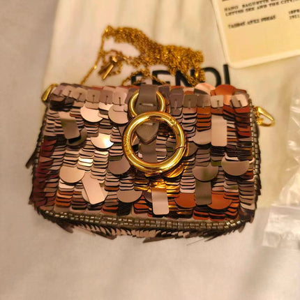 Fendi Nano Baguette Charm Pink Sequins Satin Interior Chain Strap