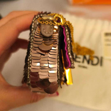 Fendi Nano Baguette Charm Pink Sequins Satin Interior Chain Strap