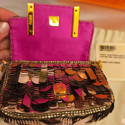 Fendi Nano Baguette Charm Pink Sequins Satin Interior Chain Strap