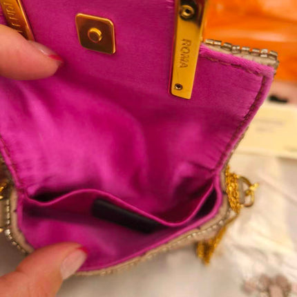 Fendi Nano Baguette Charm Pink Sequins Satin Interior Chain Strap