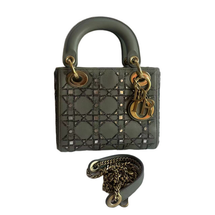 Lady Dior Mini Metallic Grey Calfskin Leather Beads and Mirrors Gold Hardware 2020-Luxbags