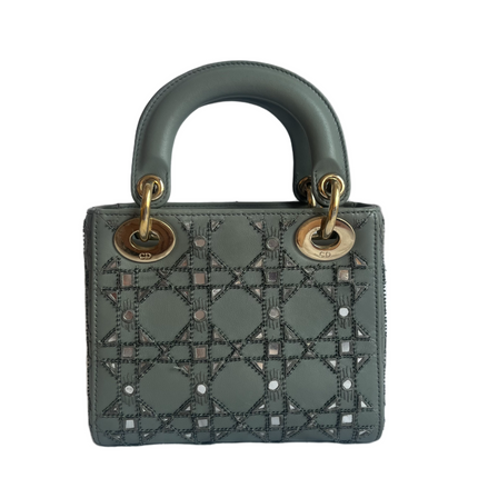 Lady Dior Mini Metallic Grey Calfskin Leather Beads and Mirrors Gold Hardware 2020