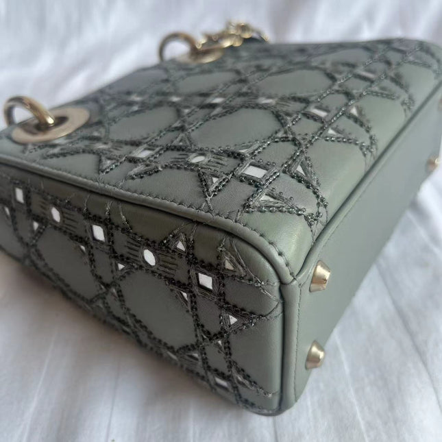 Lady Dior Mini Metallic Grey Calfskin Leather Beads and Mirrors Gold Hardware 2020