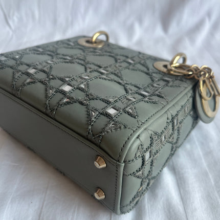 Lady Dior Mini Metallic Grey Calfskin Leather Beads and Mirrors Gold Hardware 2020