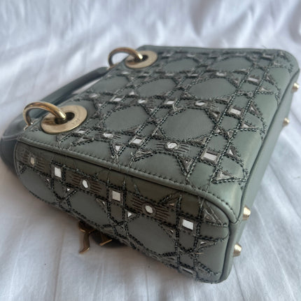 Lady Dior Mini Metallic Grey Calfskin Leather Beads and Mirrors Gold Hardware 2020