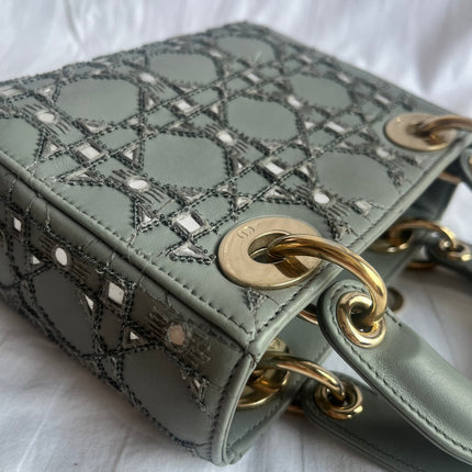 Lady Dior Mini Metallic Grey Calfskin Leather Beads and Mirrors Gold Hardware 2020