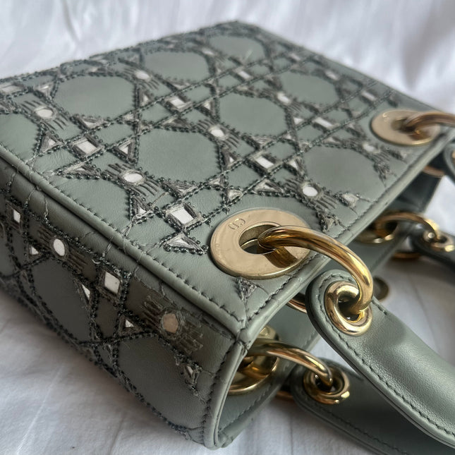 Lady Dior Mini Metallic Grey Calfskin Leather Beads and Mirrors Gold Hardware 2020