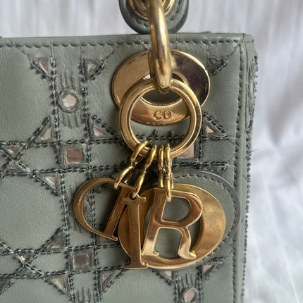 Lady Dior Mini Metallic Grey Calfskin Leather Beads and Mirrors Gold Hardware 2020
