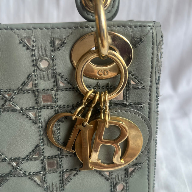 Lady Dior Mini Metallic Grey Calfskin Leather Beads and Mirrors Gold Hardware 2020