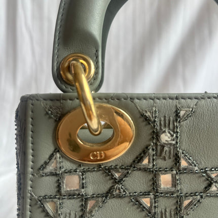Lady Dior Mini Metallic Grey Calfskin Leather Beads and Mirrors Gold Hardware 2020