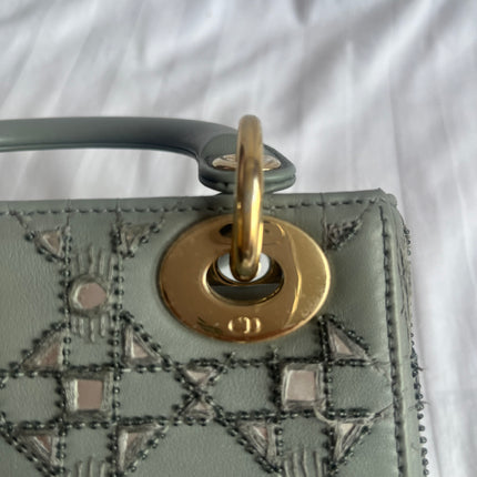 Lady Dior Mini Metallic Grey Calfskin Leather Beads and Mirrors Gold Hardware 2020