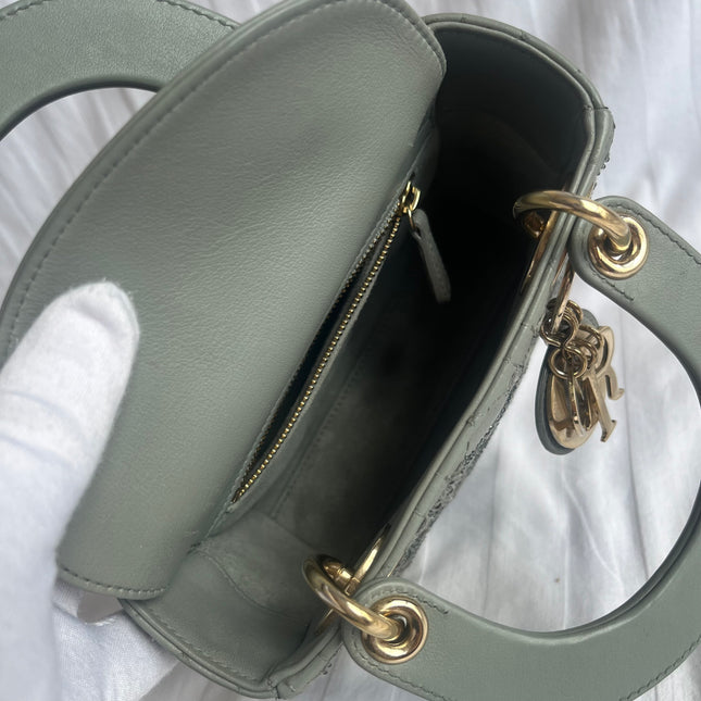 Lady Dior Mini Metallic Grey Calfskin Leather Beads and Mirrors Gold Hardware 2020