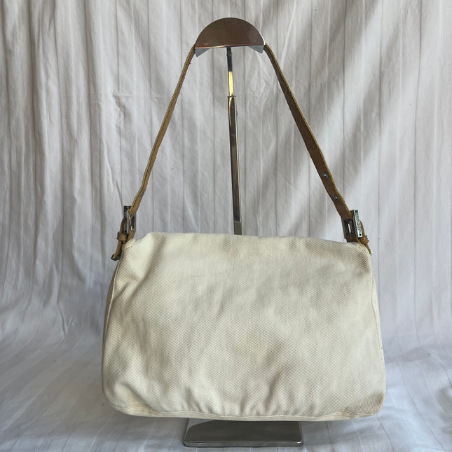 Fendi Mamma Baguette Vintage White Denim Yellow Snake-Skin Leather Strap Shoulder Bag