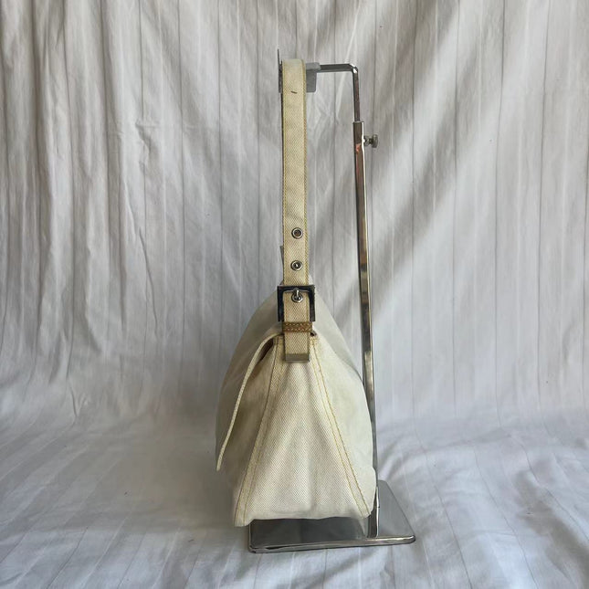 Fendi Mamma Baguette Vintage White Denim Yellow Snake-Skin Leather Strap Shoulder Bag