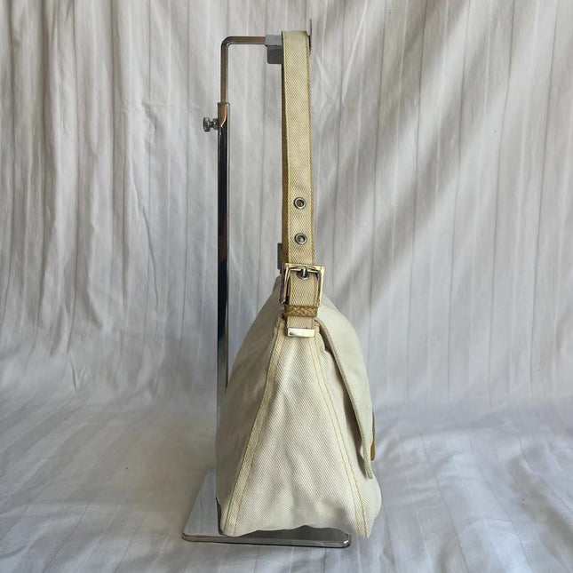 Fendi Mamma Baguette Vintage White Denim Yellow Snake-Skin Leather Strap Shoulder Bag