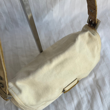 Fendi Mamma Baguette Vintage White Denim Yellow Snake-Skin Leather Strap Shoulder Bag