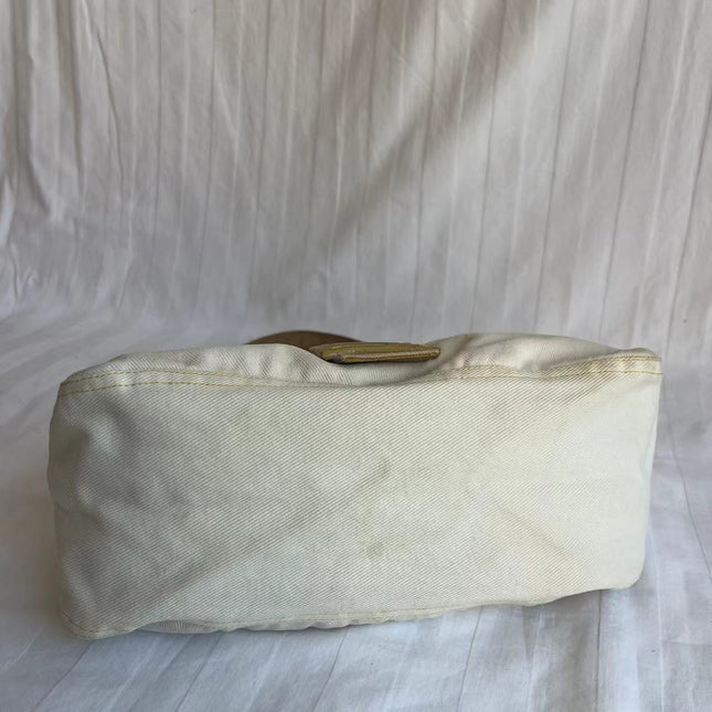Fendi Mamma Baguette Vintage White Denim Yellow Snake-Skin Leather Strap Shoulder Bag