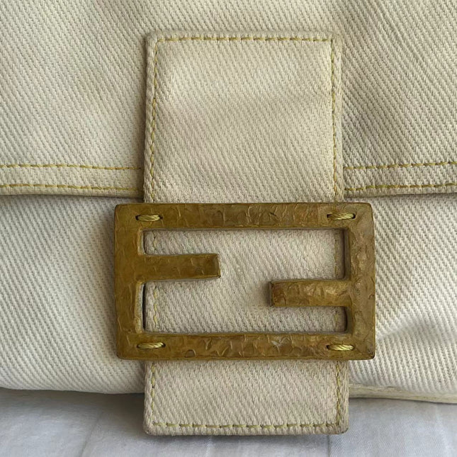 Fendi Mamma Baguette Vintage White Denim Yellow Snake-Skin Leather Strap Shoulder Bag