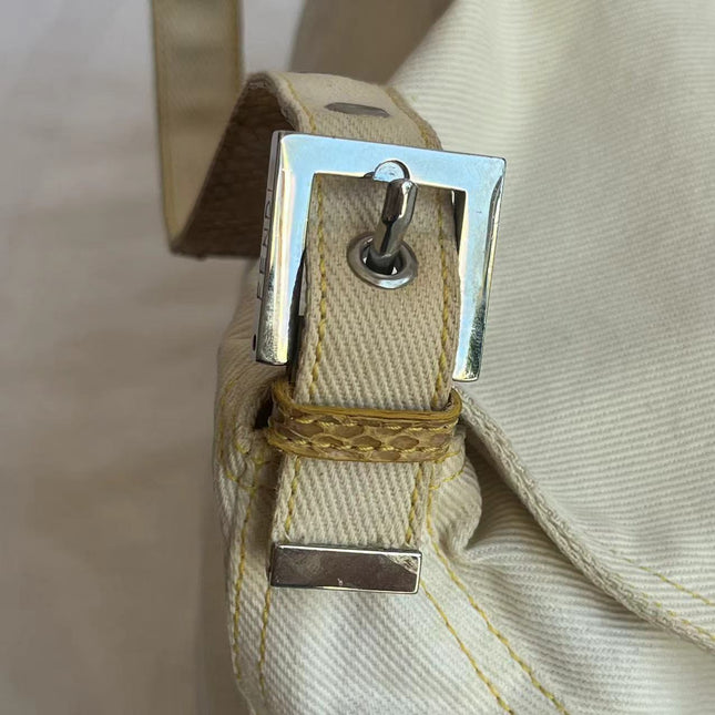 Fendi Mamma Baguette Vintage White Denim Yellow Snake-Skin Leather Strap Shoulder Bag