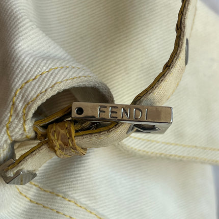 Fendi Mamma Baguette Vintage White Denim Yellow Snake-Skin Leather Strap Shoulder Bag
