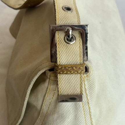Fendi Mamma Baguette Vintage White Denim Yellow Snake-Skin Leather Strap Shoulder Bag