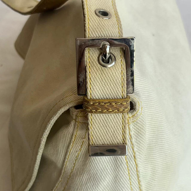 Fendi Mamma Baguette Vintage White Denim Yellow Snake-Skin Leather Strap Shoulder Bag