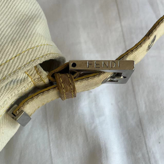 Fendi Mamma Baguette Vintage White Denim Yellow Snake-Skin Leather Strap Shoulder Bag