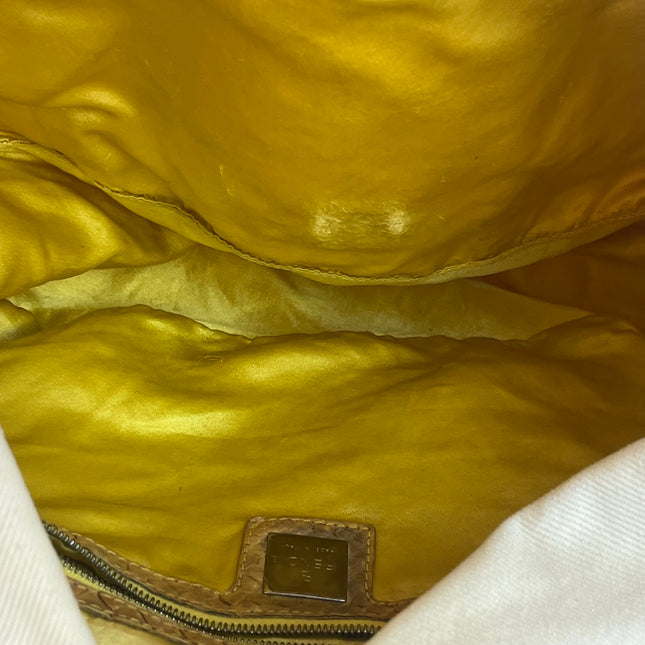 Fendi Mamma Baguette Vintage White Denim Yellow Snake-Skin Leather Strap Shoulder Bag