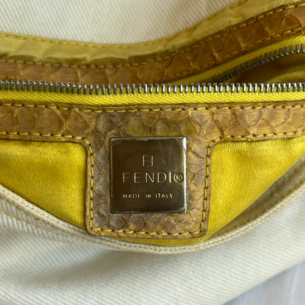 Fendi Mamma Baguette Vintage White Denim Yellow Snake-Skin Leather Strap Shoulder Bag