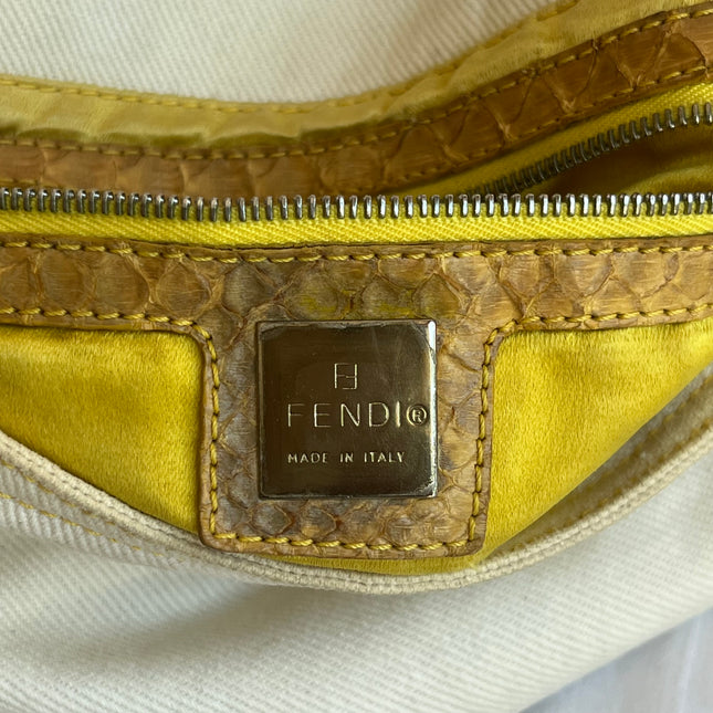 Fendi Mamma Baguette Vintage White Denim Yellow Snake-Skin Leather Strap Shoulder Bag
