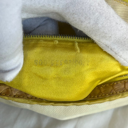 Fendi Mamma Baguette Vintage White Denim Yellow Snake-Skin Leather Strap Shoulder Bag