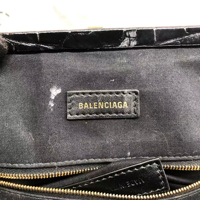 Balenciaga Pouch Black Crocodile Pattern Shiny Calfskin Leather With Strap
