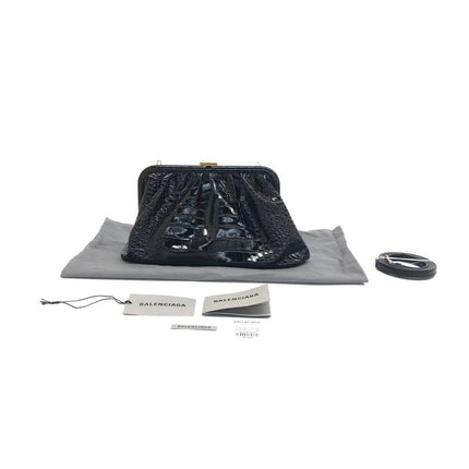 Balenciaga Pouch Black Crocodile Pattern Shiny Calfskin Leather With Strap