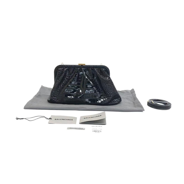 Balenciaga Pouch Black Crocodile Pattern Shiny Calfskin Leather With Strap