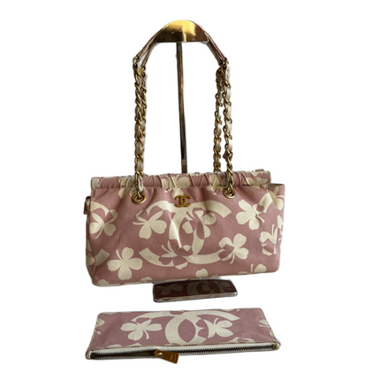 Chanel Canvas Clover Print Pink and White Frame Bag with Pouch 2004-Luxbags