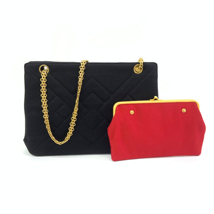 Chanel Black Quilted Jersey Reissue Frame Bag Cotton Chain Strap Red Kisslock Pouch-Luxbags