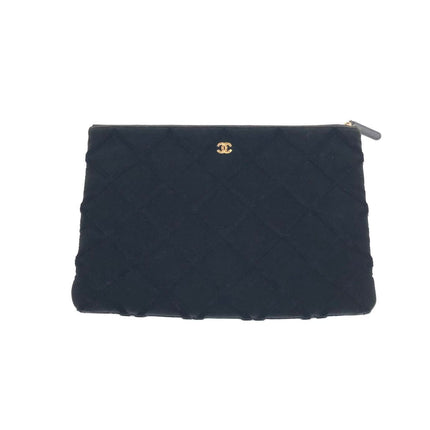 Chanel Black Velvet Pouch Diamond Stitching Leather Interior Gold Logo-Luxbags
