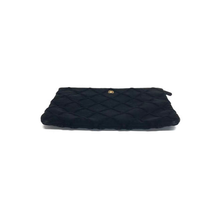 Chanel Black Velvet Pouch Diamond Stitching Leather Interior Gold Logo