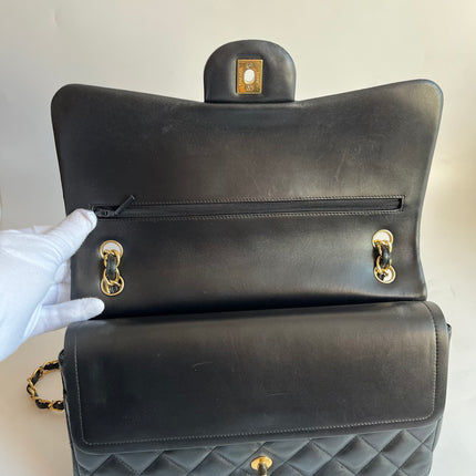 Chanel Classic Flap Jumbo Black Lambskin Leather Double Flap Gold Hardware