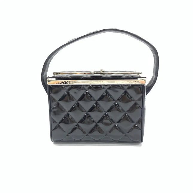 Chanel Vanity Case Vintage Black Patent Leather Silver Clasp Hardware-Luxbags