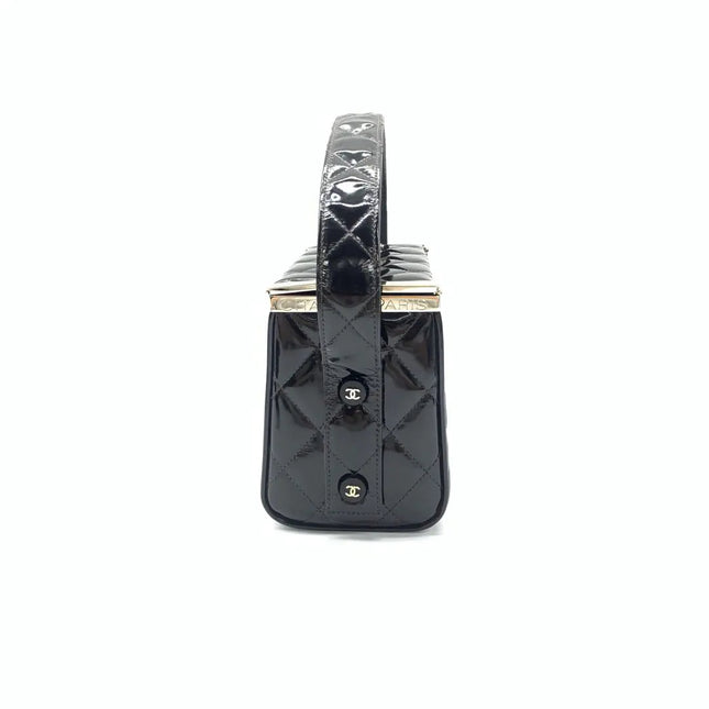 Chanel Vanity Case Vintage Black Patent Leather Silver Clasp Hardware