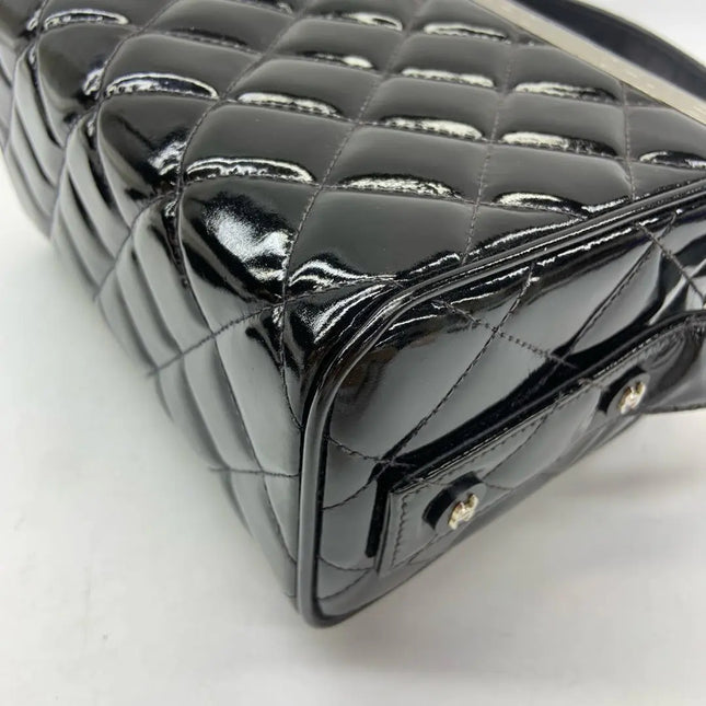 Chanel Vanity Case Vintage Black Patent Leather Silver Clasp Hardware