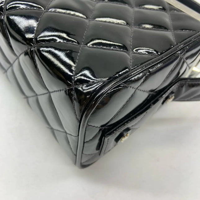 Chanel Vanity Case Vintage Black Patent Leather Silver Clasp Hardware