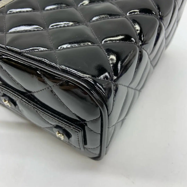 Chanel Vanity Case Vintage Black Patent Leather Silver Clasp Hardware