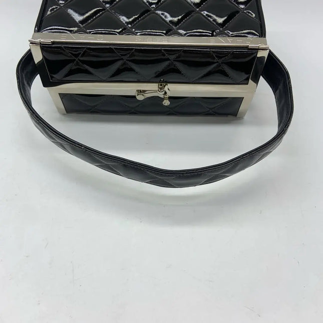 Chanel Vanity Case Vintage Black Patent Leather Silver Clasp Hardware
