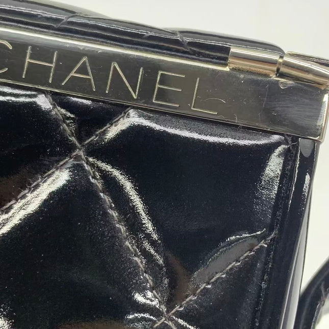 Chanel Vanity Case Vintage Black Patent Leather Silver Clasp Hardware